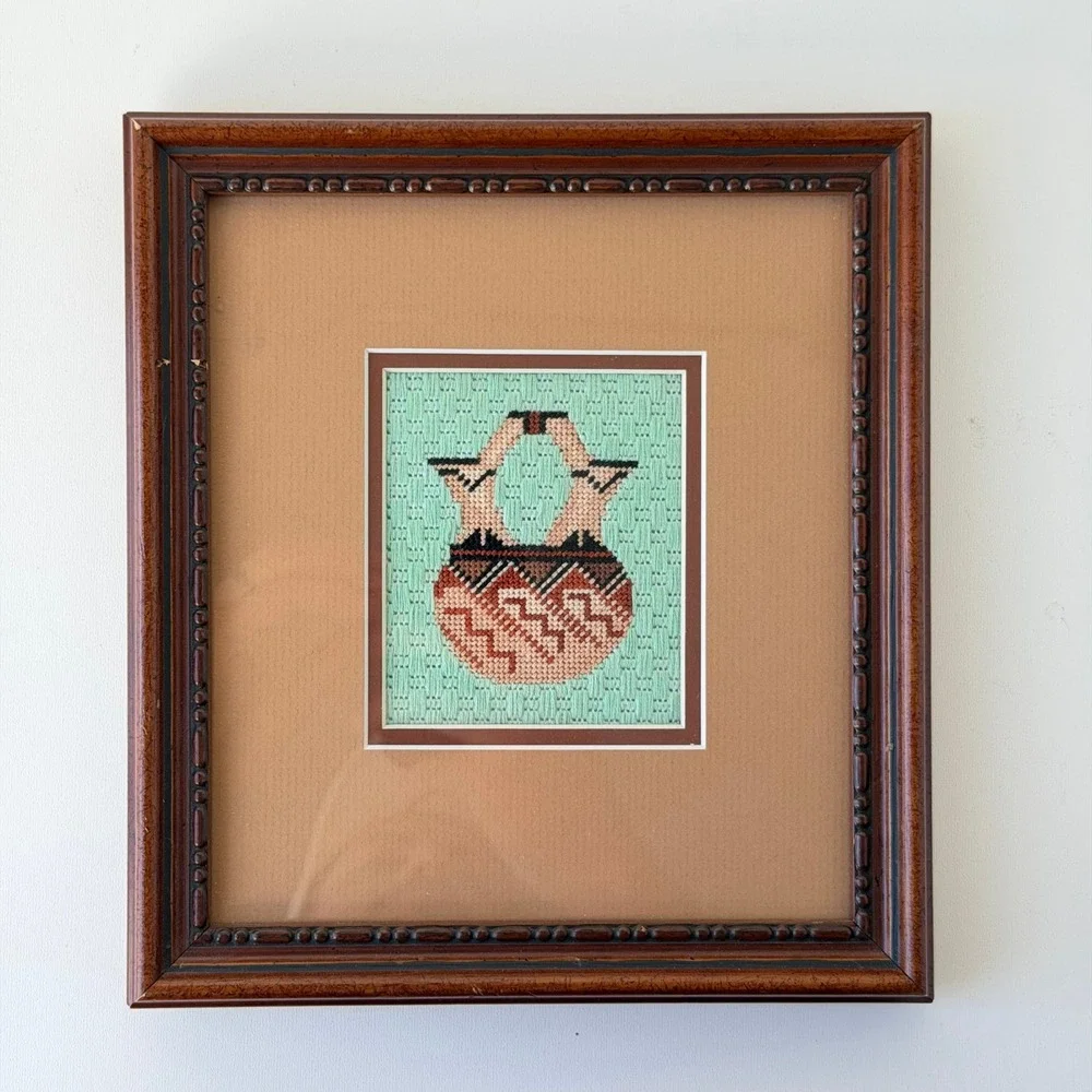 Vintage Needlepoint Framed Southwestern Navajo Pottery Gallery Wall Hanging 8x9